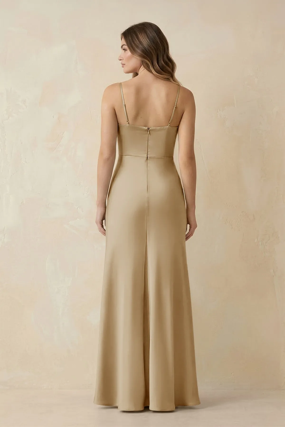 Spaghetti Strap Sheath Satin Bridesmaid Dress With Slit in Champagne sold by KissProm product image thumbnail 2