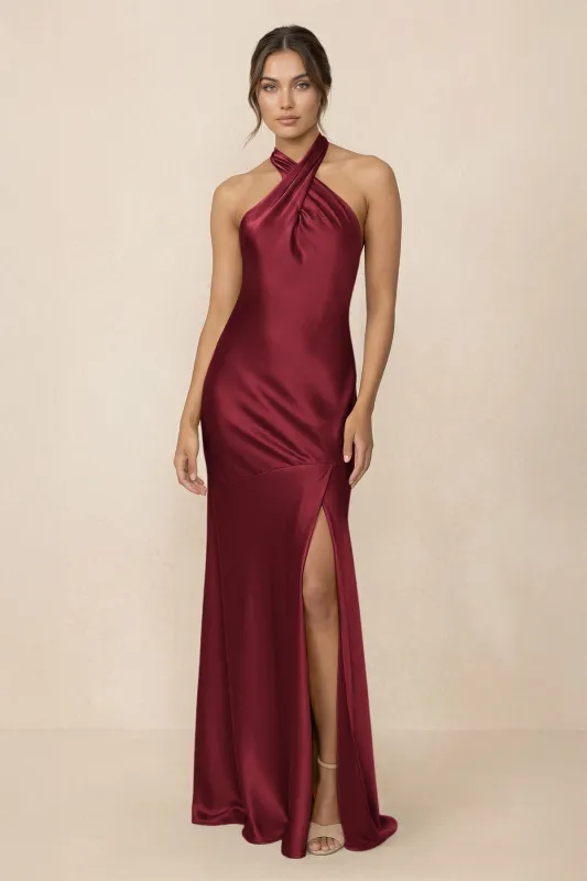 Cross Halter Sheath Bridesmaid Dress With Slit in Burgundy made by KissProm