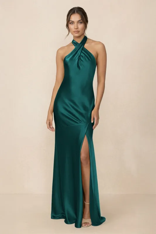 Cross Halter Sheath Bridesmaid Dress With Slit in Emerald made by KissProm