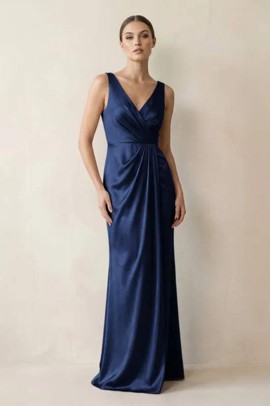 V-Neck Satin Ruched Sheath Bridesmaid Dress in Navy made by KissProm
