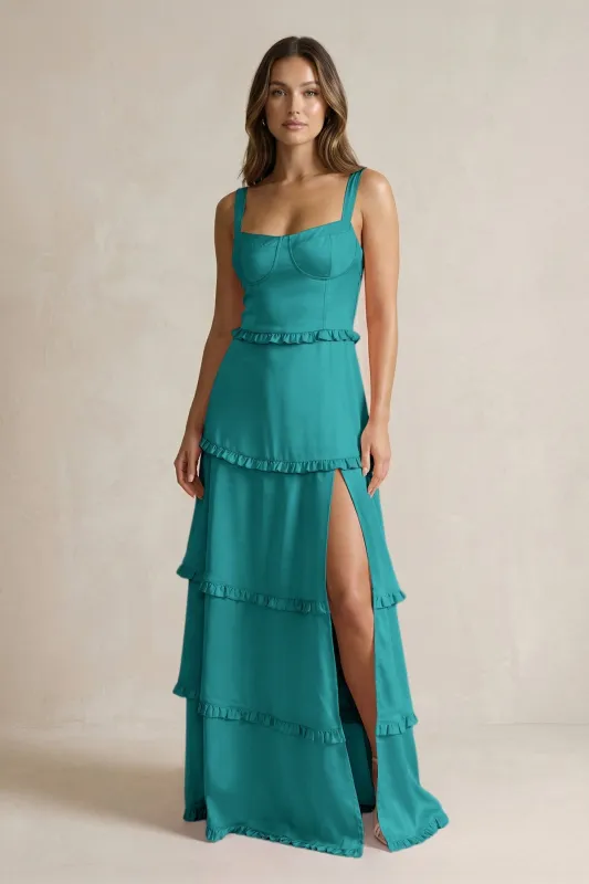 Tiered Ruffled A-Line Bridesmaid Dress With Slit in Turquoise made by KissProm