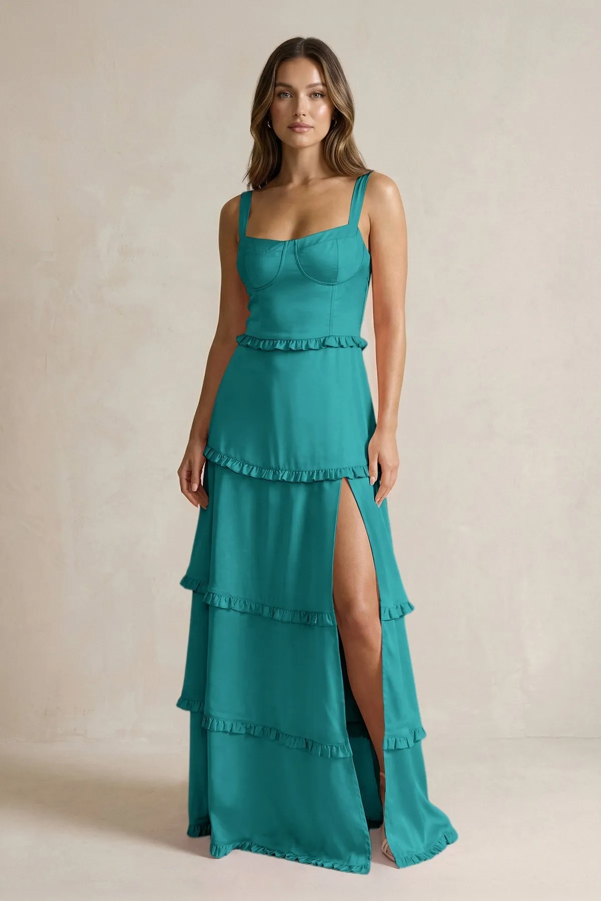 Tiered Ruffled A-Line Bridesmaid Dress With Slit in Turquoise sold by KissProm