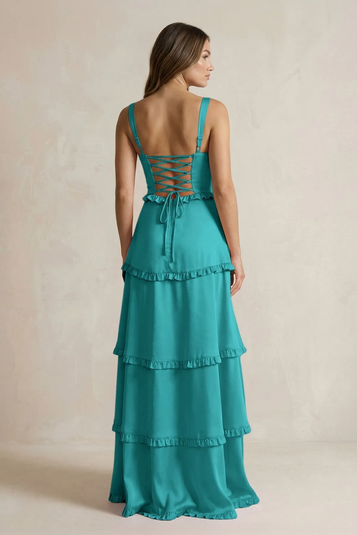 Tiered Ruffled A-Line Bridesmaid Dress With Slit in Turquoise sold by KissProm product image thumbnail 2
