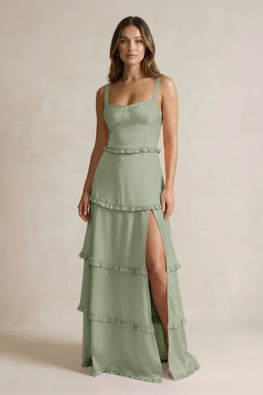 Tiered Ruffled A-Line Bridesmaid Dress With Slit in Dove Gray made by KissProm