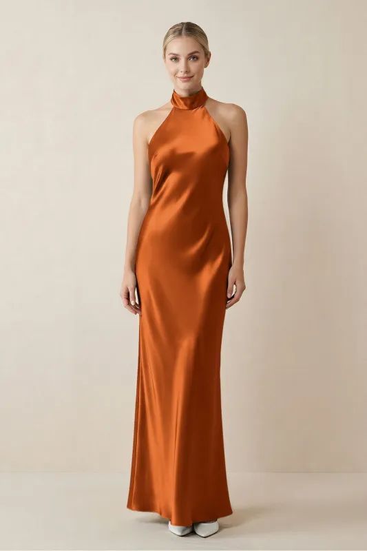 Halter Sheath Satin Bridesmaid Dress in Cinnamon made by KissProm
