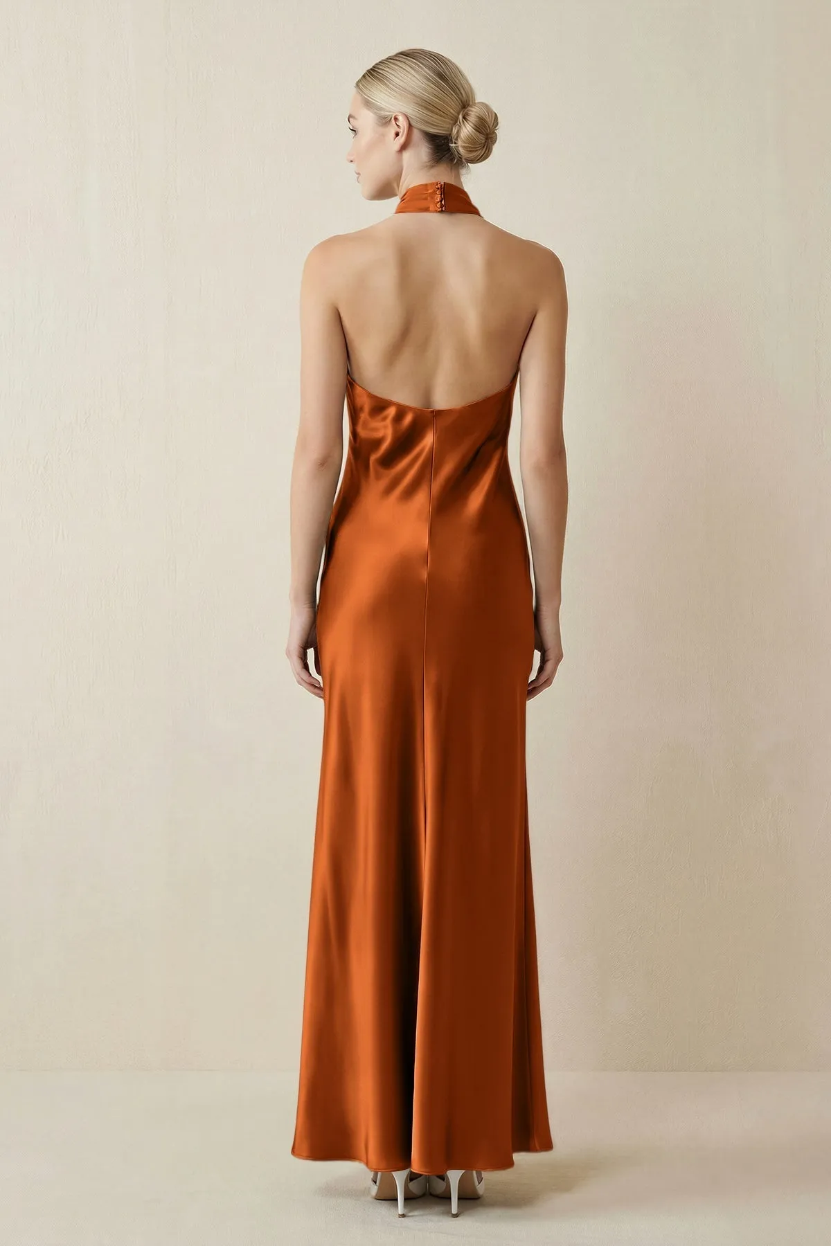 Halter Sheath Satin Bridesmaid Dress in Cinnamon sold by KissProm product image thumbnail 2