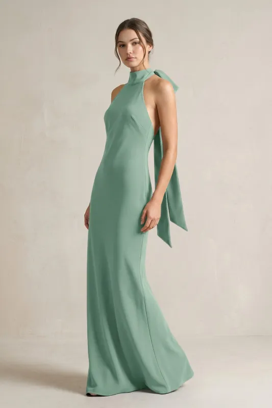 Halter Sheath Satin Bridesmaid Dress With Bow in Mint Green made by KissProm