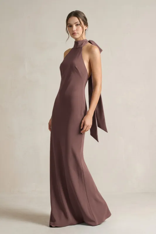 Halter Sheath Satin Bridesmaid Dress With Bow in Espresso made by KissProm
