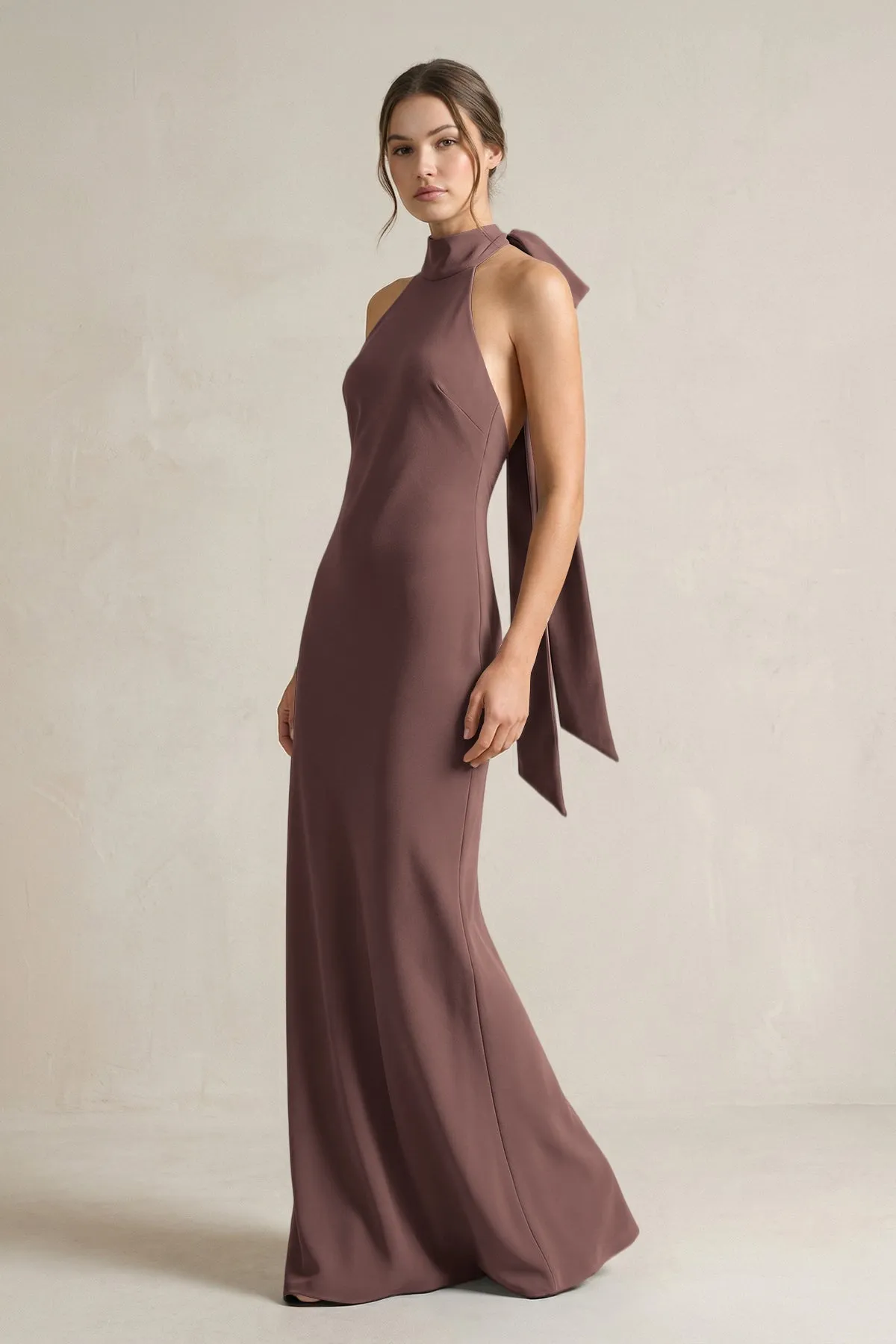 Halter Sheath Satin Bridesmaid Dress With Bow in Espresso sold by KissProm