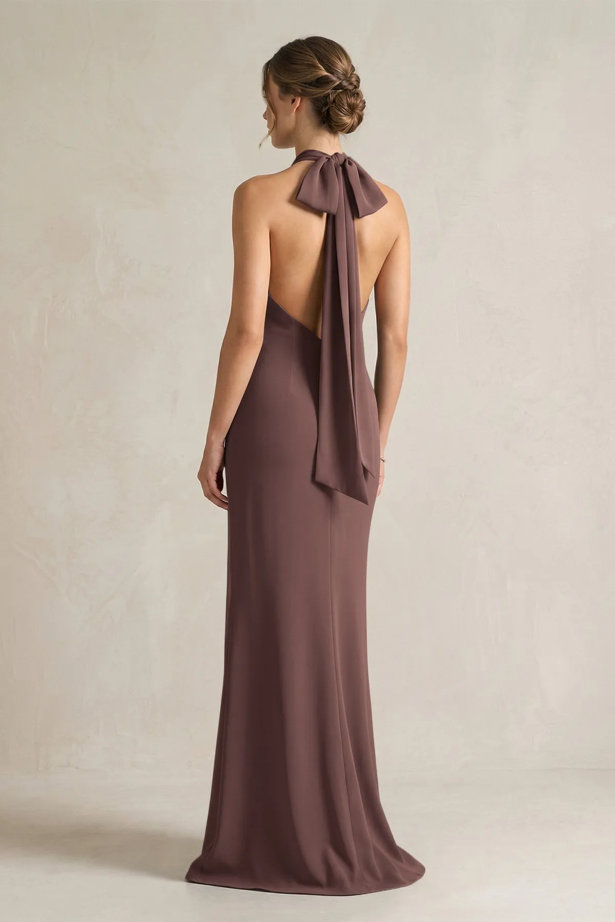 Halter Sheath Satin Bridesmaid Dress With Bow in Espresso sold by KissProm product image thumbnail 2