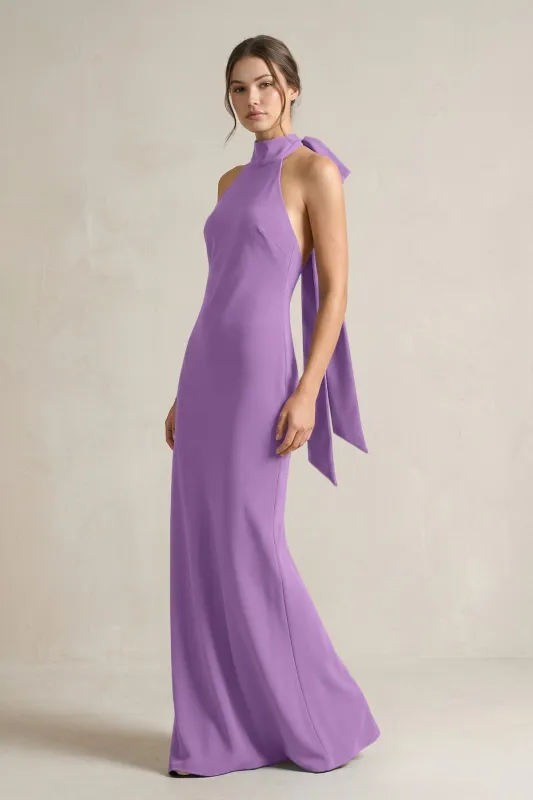 Halter Sheath Satin Bridesmaid Dress With Bow in Wisteria made by KissProm