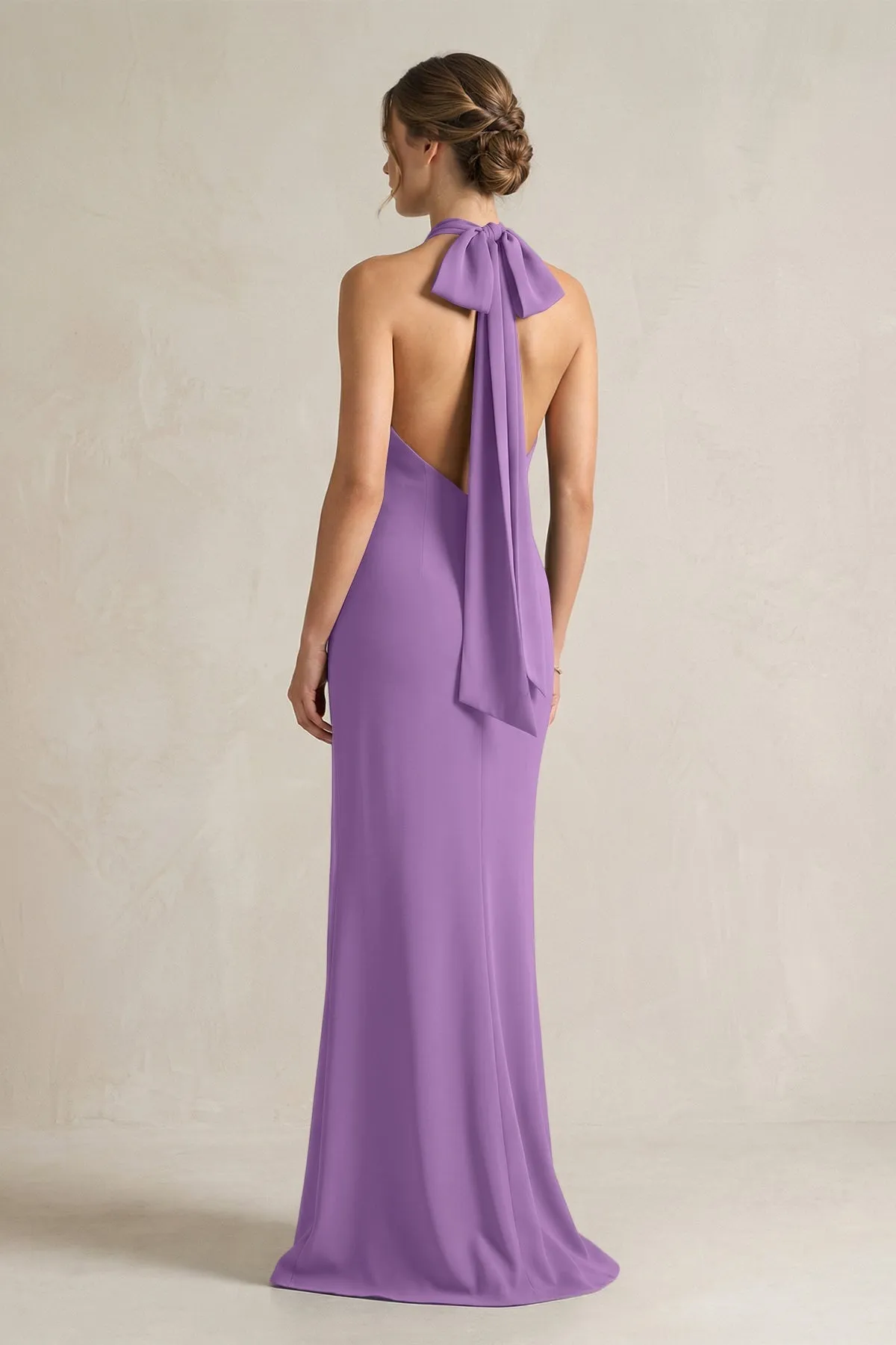 Halter Sheath Satin Bridesmaid Dress With Bow in Wisteria sold by KissProm product image thumbnail 2