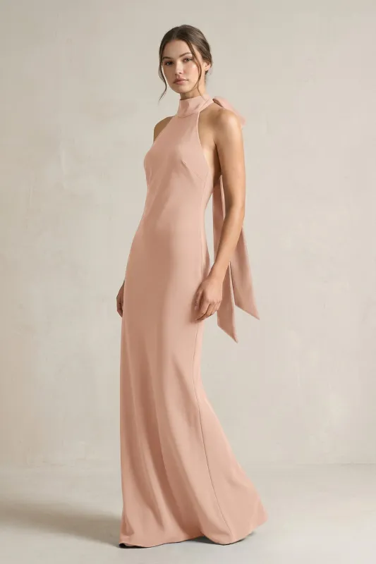 Halter Sheath Satin Bridesmaid Dress With Bow in Champagne Rose made by KissProm