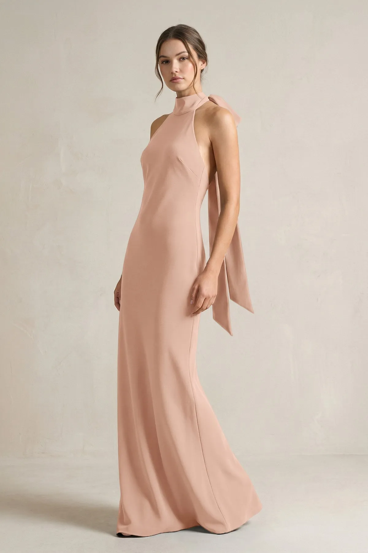 Halter Sheath Satin Bridesmaid Dress With Bow in Champagne Rose sold by KissProm