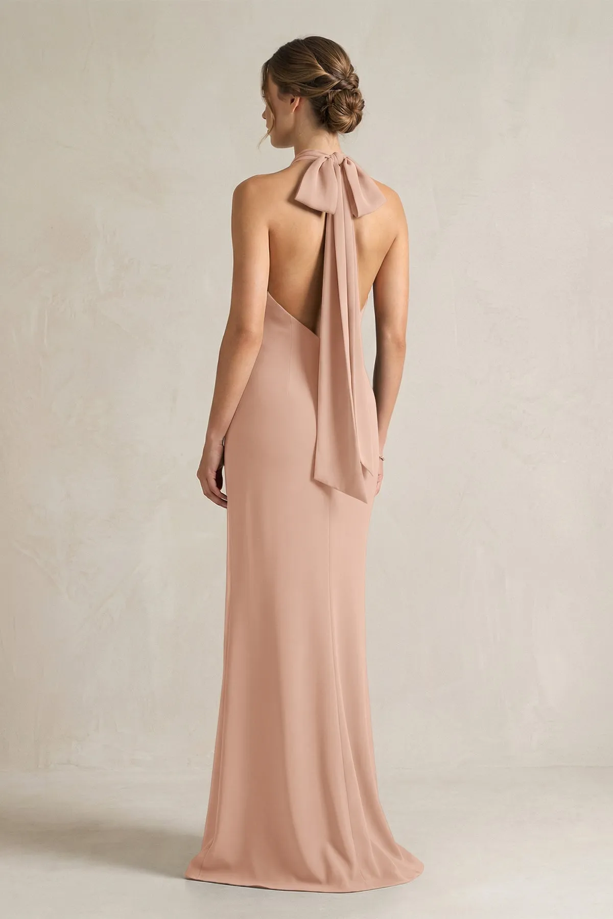Halter Sheath Satin Bridesmaid Dress With Bow in Champagne Rose sold by KissProm product image thumbnail 2