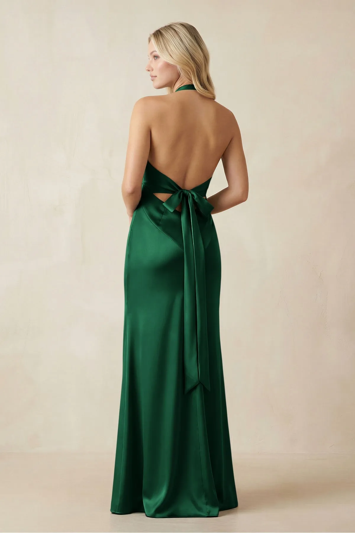 V-Neck Sheath Satin Bridesmaid Dress with Bow in Green sold by KissProm product image thumbnail 2