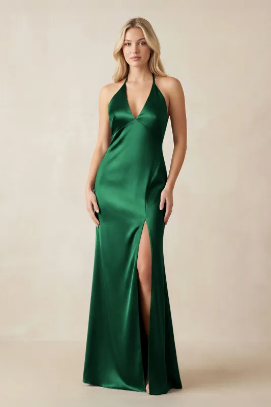 V-Neck Sheath Satin Bridesmaid Dress with Bow in Green made by KissProm
