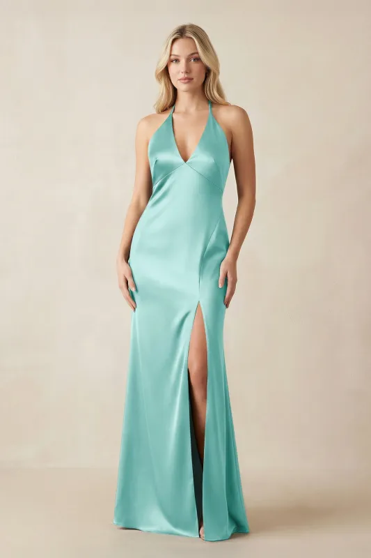 V-Neck Sheath Satin Bridesmaid Dress with Bow in Aqua made by KissProm