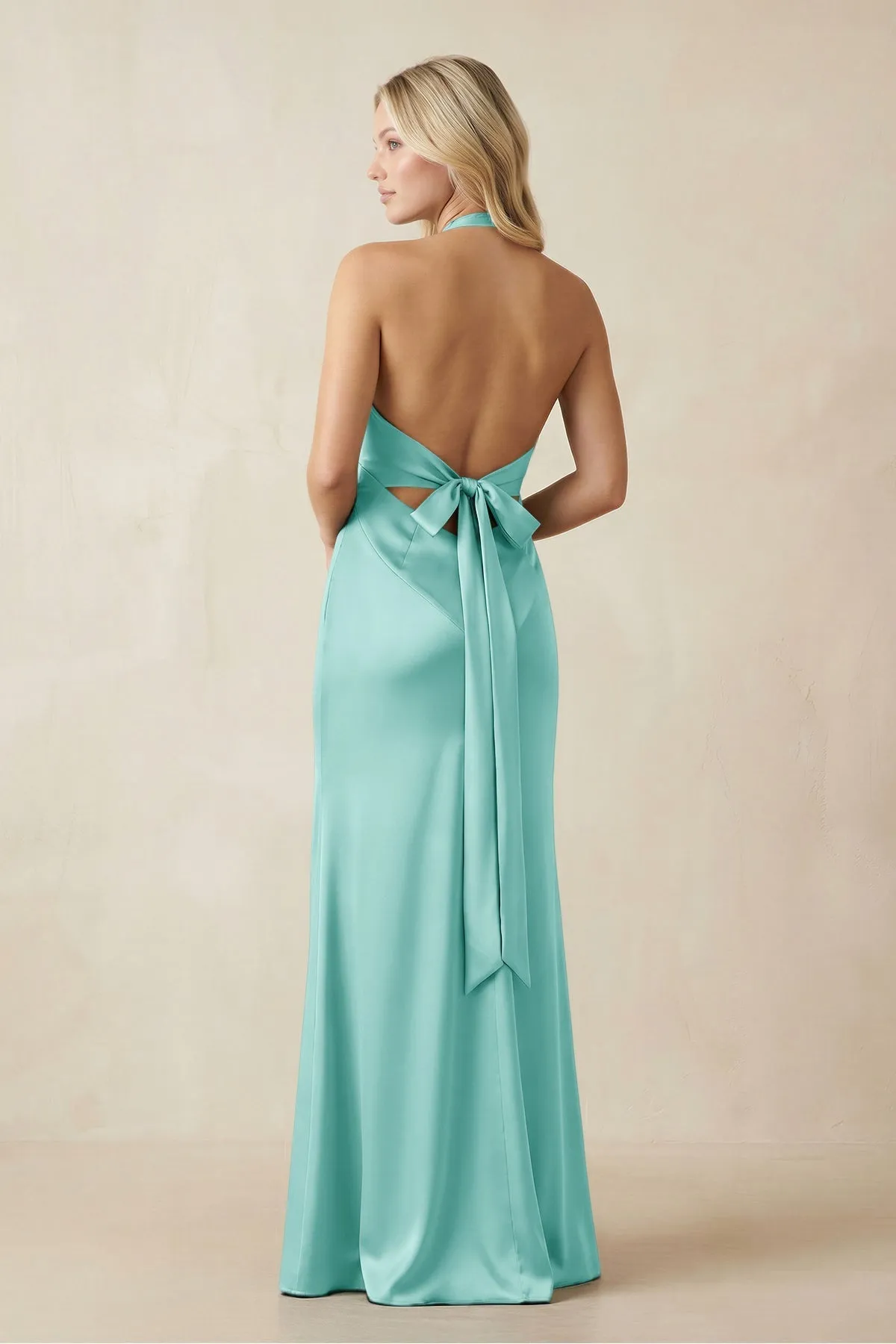 V-Neck Sheath Satin Bridesmaid Dress with Bow in Aqua sold by KissProm product image thumbnail 2