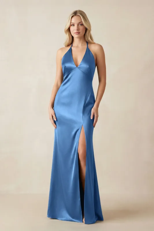 V-Neck Sheath Satin Bridesmaid Dress with Bow in Dusty Blue made by KissProm