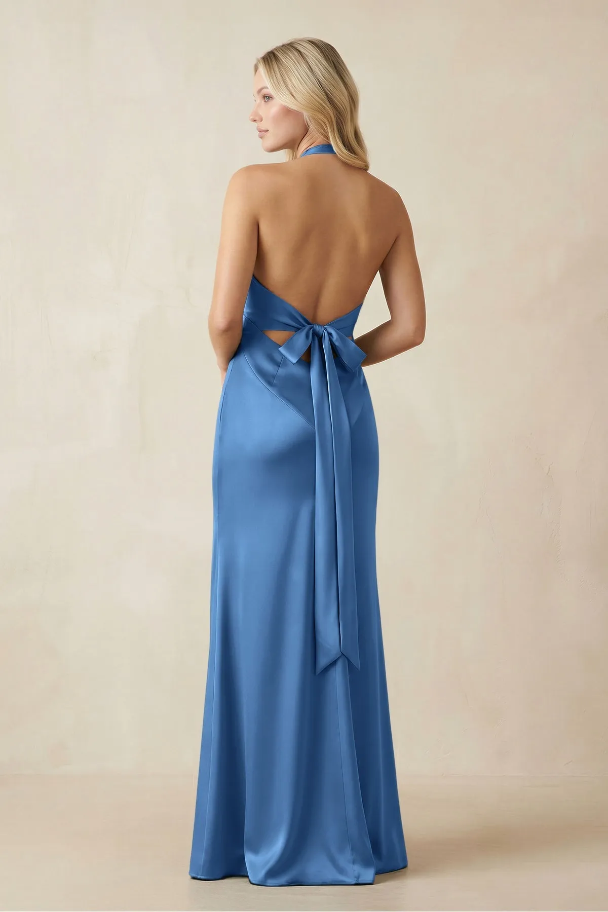 V-Neck Sheath Satin Bridesmaid Dress with Bow in Dusty Blue sold by KissProm product image thumbnail 2