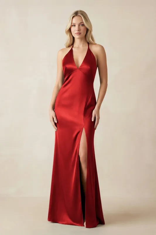 V-Neck Sheath Satin Bridesmaid Dress with Bow in Spice made by KissProm