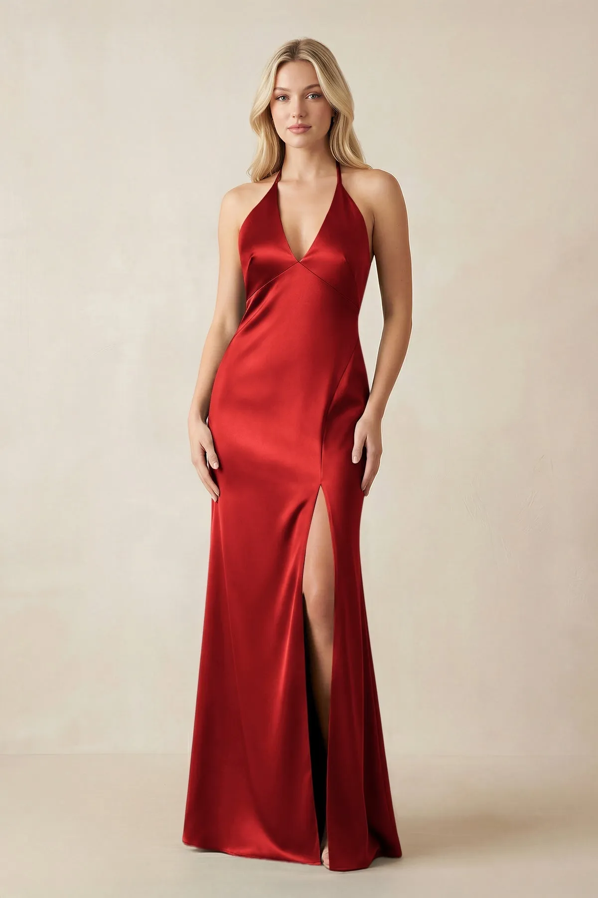 V-Neck Sheath Satin Bridesmaid Dress with Bow in Spice sold by KissProm