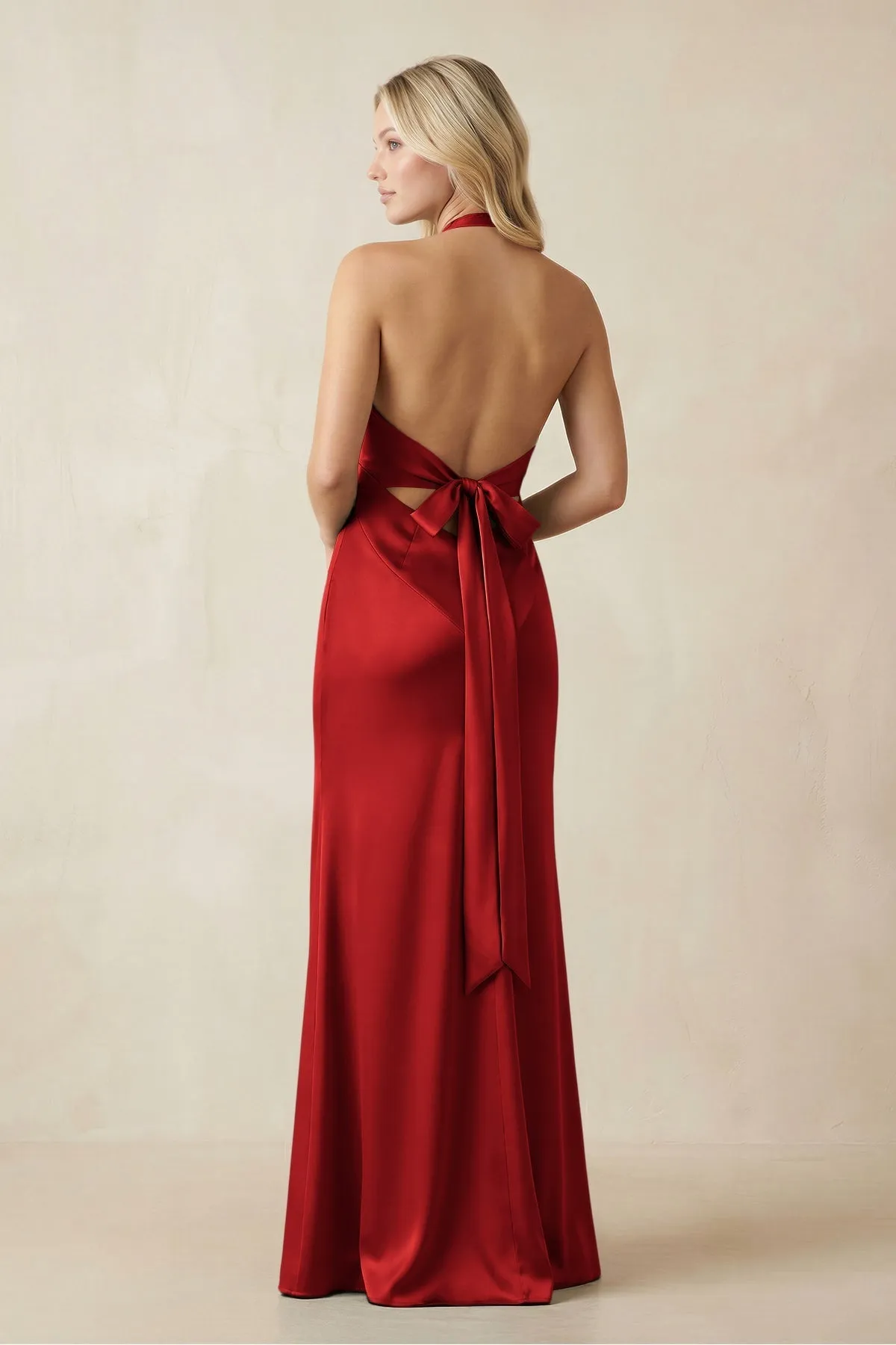 V-Neck Sheath Satin Bridesmaid Dress with Bow in Spice sold by KissProm product image thumbnail 2
