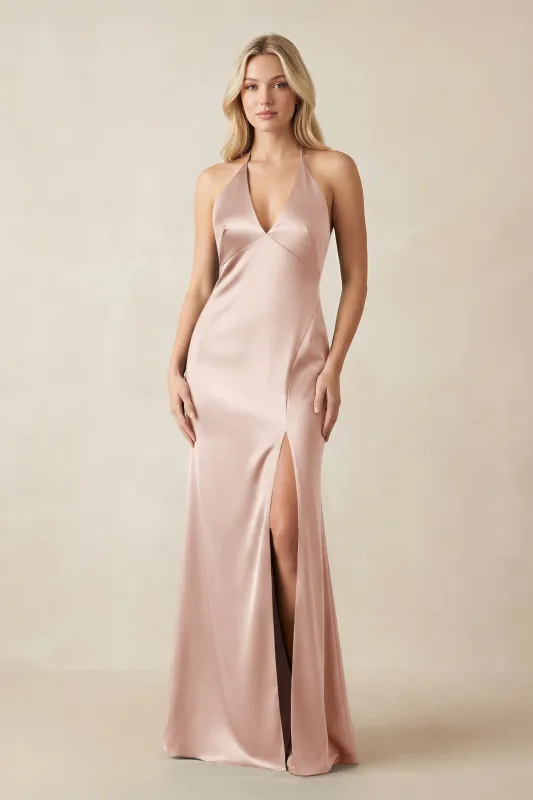 V-Neck Sheath Satin Bridesmaid Dress with Bow in Pale Blush made by KissProm