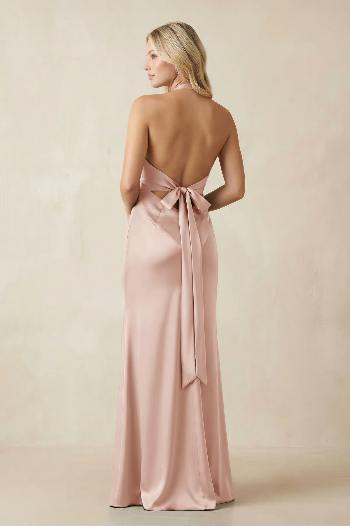 V-Neck Sheath Satin Bridesmaid Dress with Bow in Pale Blush sold by KissProm product image thumbnail 2