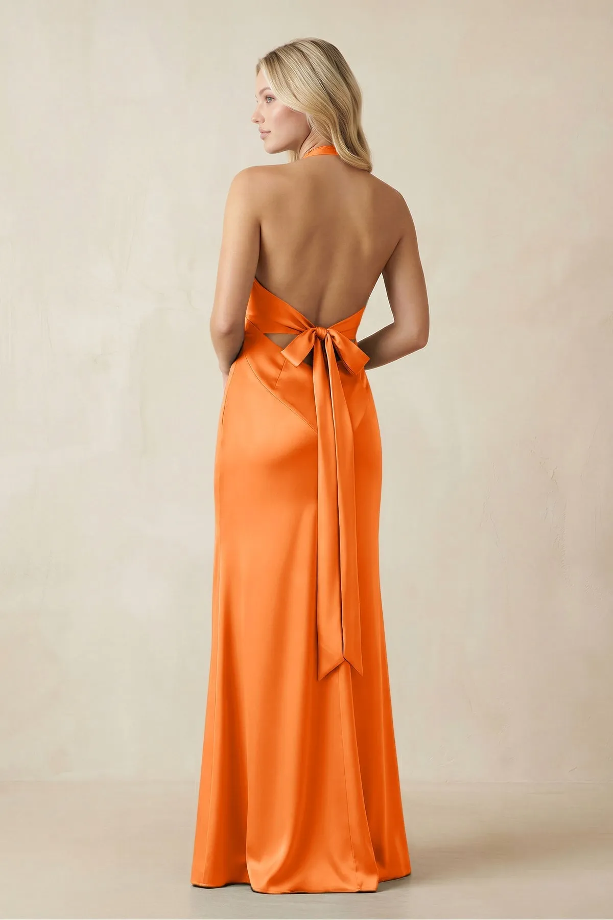 V-Neck Sheath Satin Bridesmaid Dress with Bow in Orange sold by KissProm product image thumbnail 2