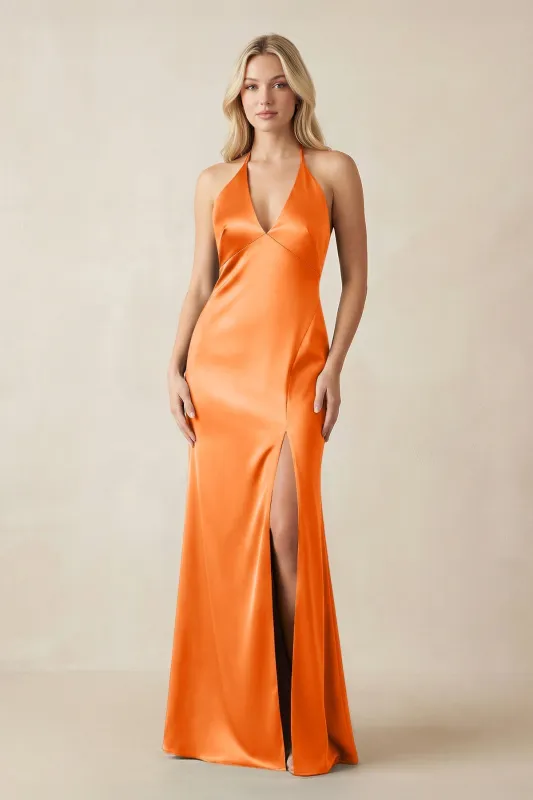V-Neck Sheath Satin Bridesmaid Dress with Bow in Orange made by KissProm