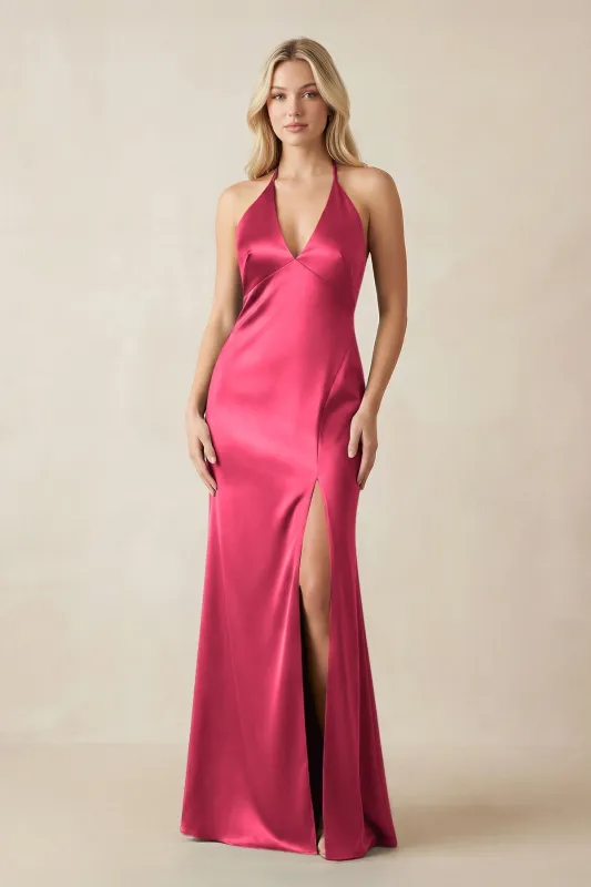 V-Neck Sheath Satin Bridesmaid Dress with Bow in Fuchsia made by KissProm