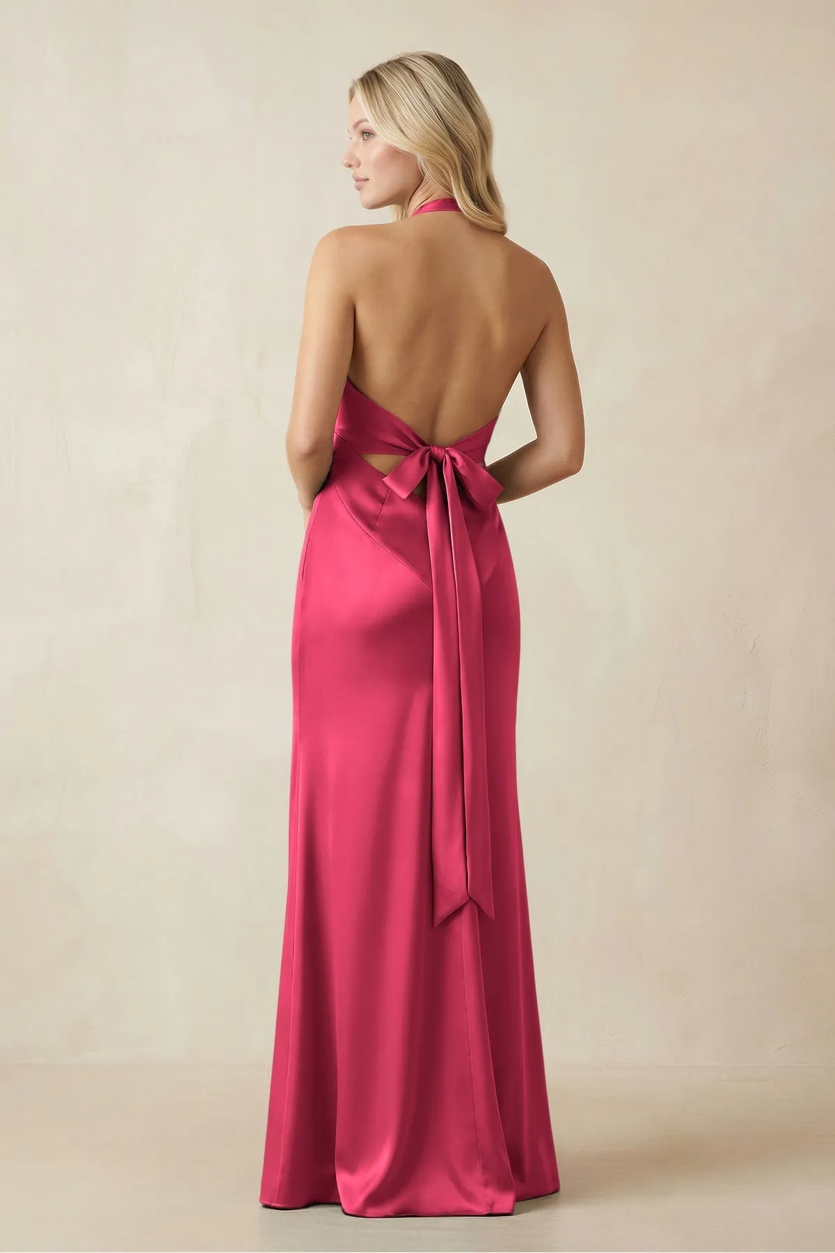 V-Neck Sheath Satin Bridesmaid Dress with Bow in Fuchsia sold by KissProm product image thumbnail 2