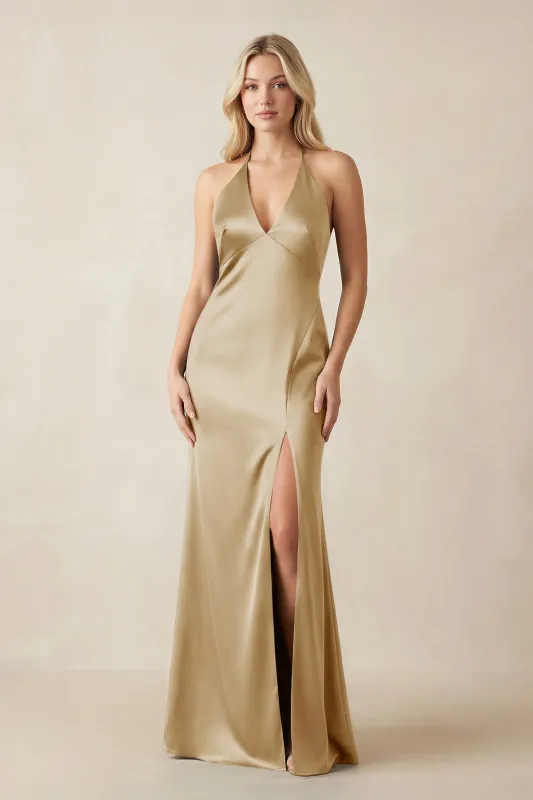 V-Neck Sheath Satin Bridesmaid Dress with Bow in Champagne made by KissProm
