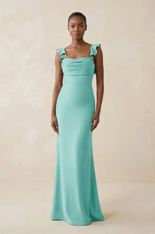 Ruffled Sleeve Sheath Satin Bridesmaid Dress in Aqua made by KissProm