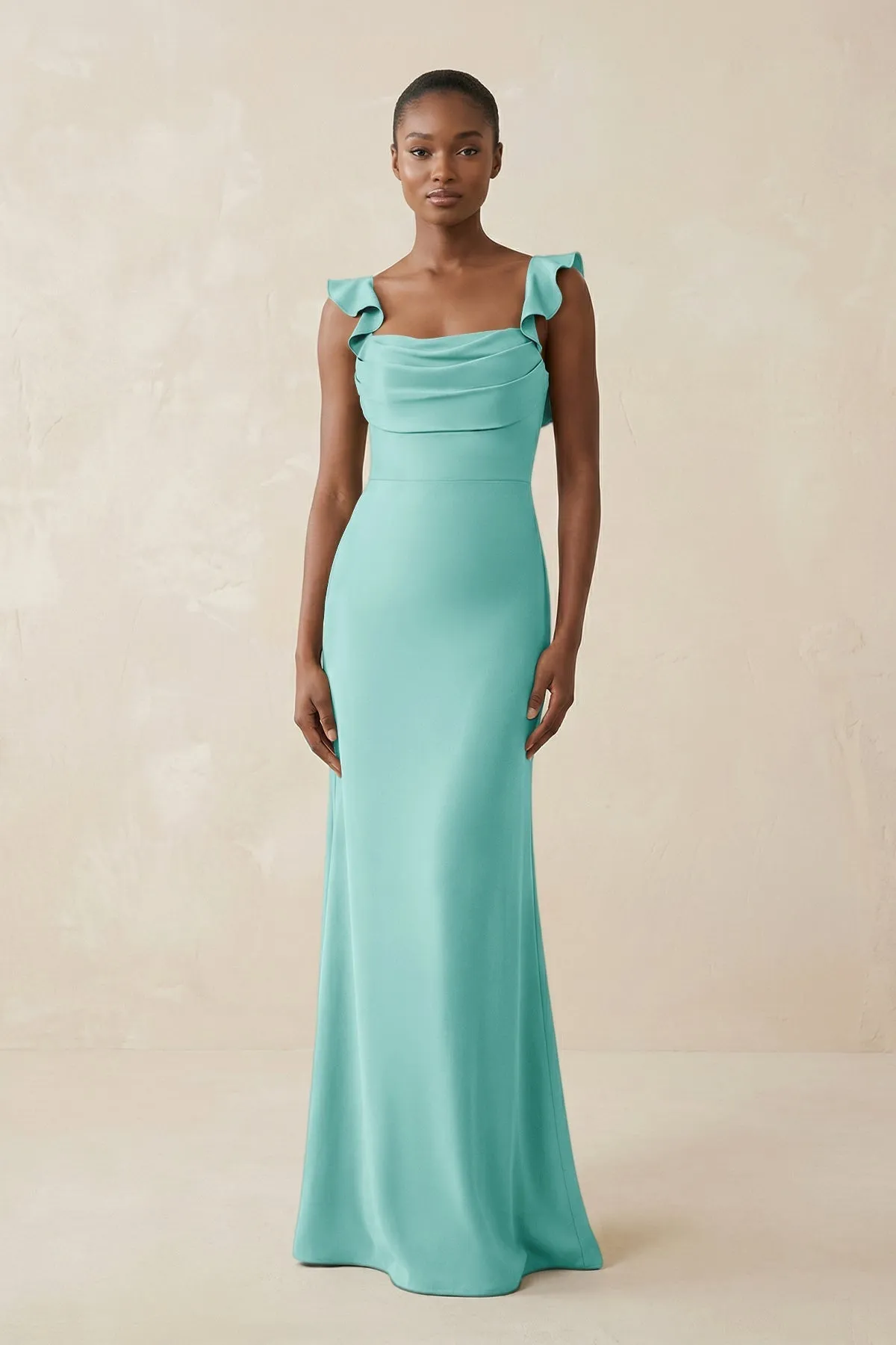 Ruffled Sleeve Sheath Satin Bridesmaid Dress in Aqua sold by KissProm