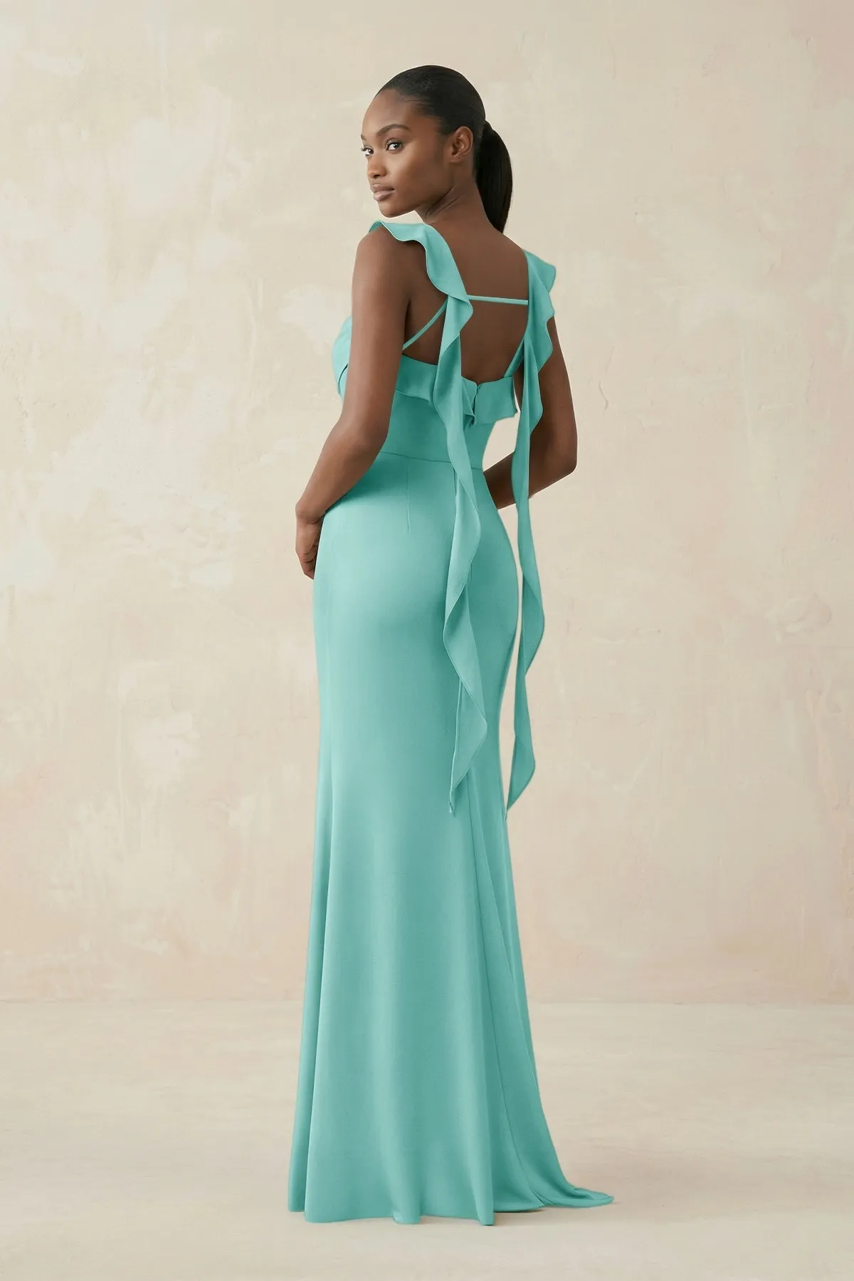 Ruffled Sleeve Sheath Satin Bridesmaid Dress in Aqua sold by KissProm product image thumbnail 2