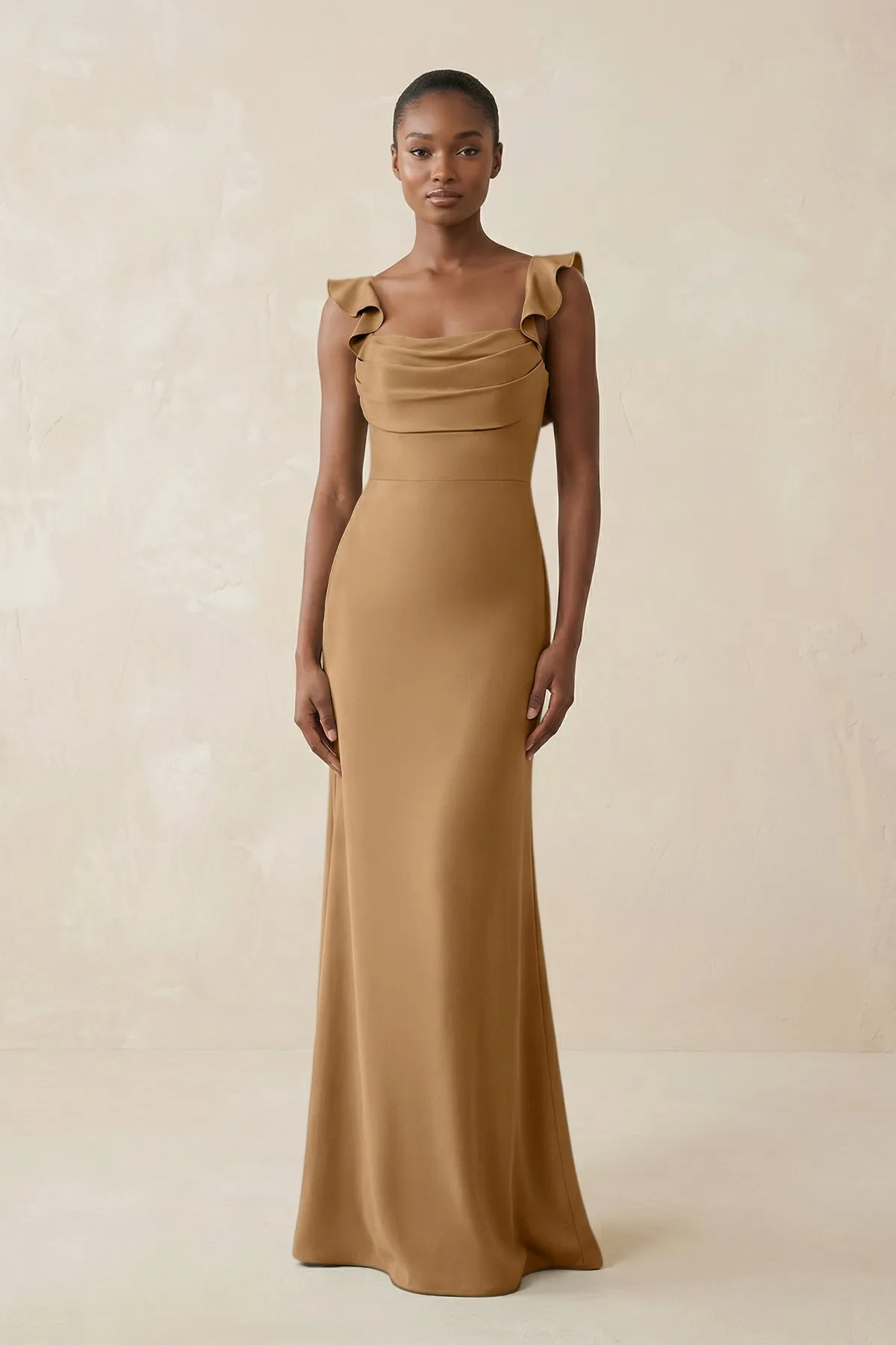 Ruffled Sleeve Sheath Satin Bridesmaid Dress in Bronzer sold by KissProm