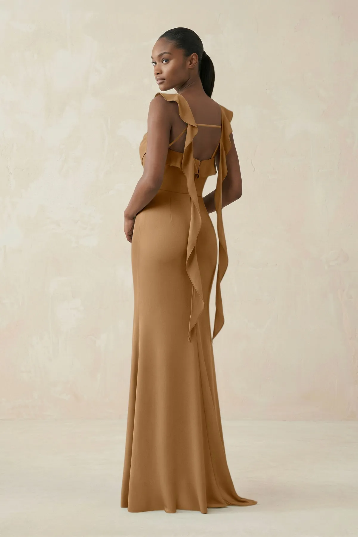 Ruffled Sleeve Sheath Satin Bridesmaid Dress in Bronzer sold by KissProm product image thumbnail 2