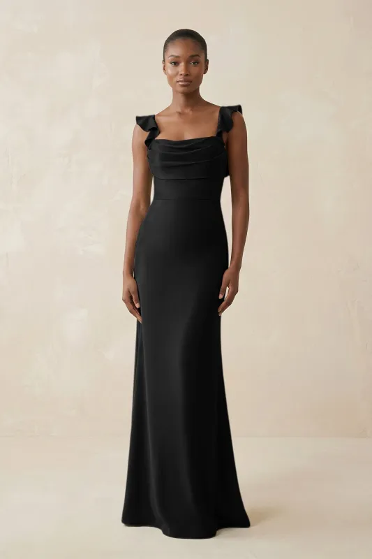 Ruffled Sleeve Sheath Satin Bridesmaid Dress in Black made by KissProm