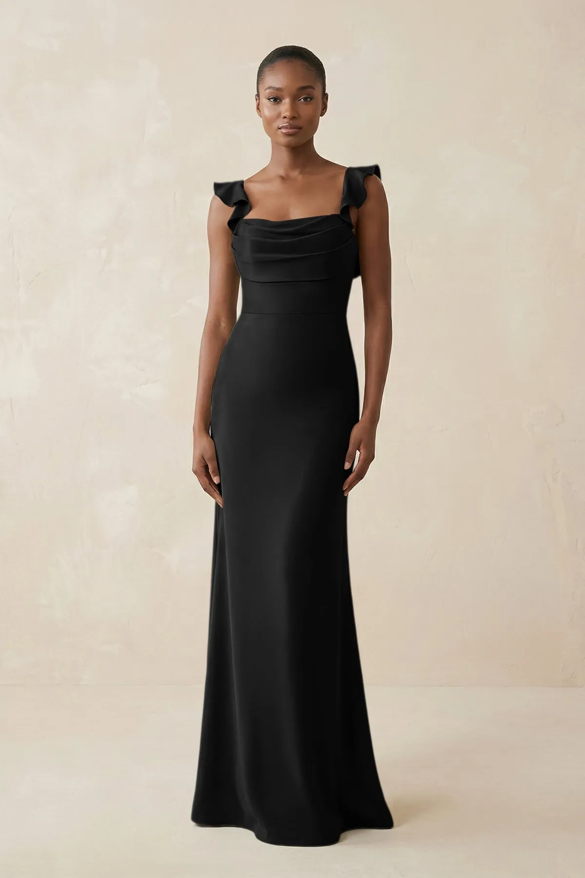 Ruffled Sleeve Sheath Satin Bridesmaid Dress in Black sold by KissProm