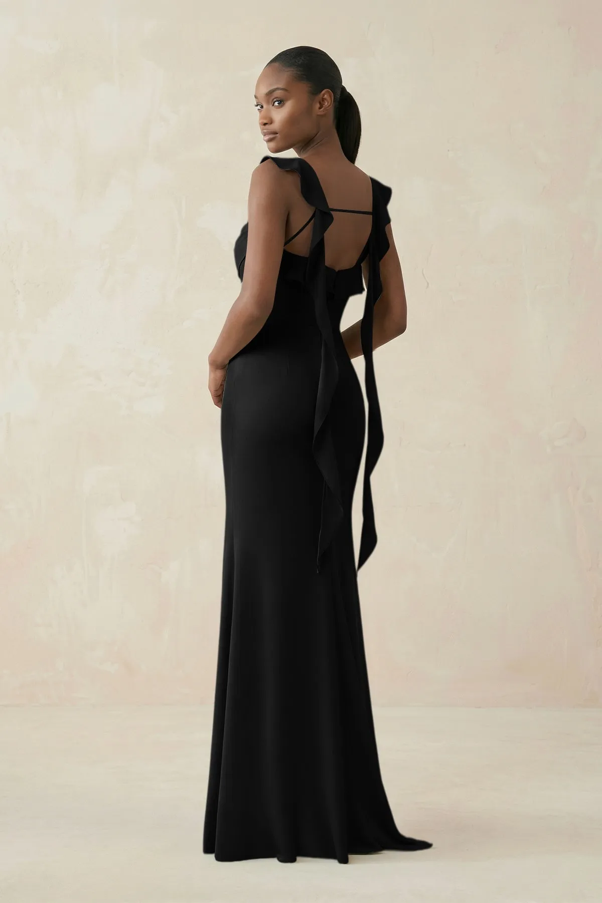 Ruffled Sleeve Sheath Satin Bridesmaid Dress in Black sold by KissProm product image thumbnail 2