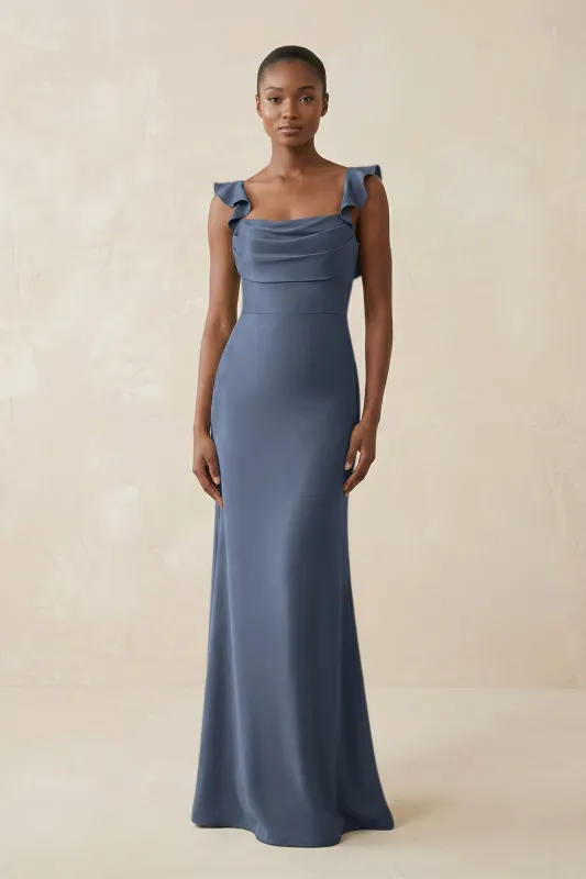 Ruffled Sleeve Sheath Satin Bridesmaid Dress in Neptune made by KissProm