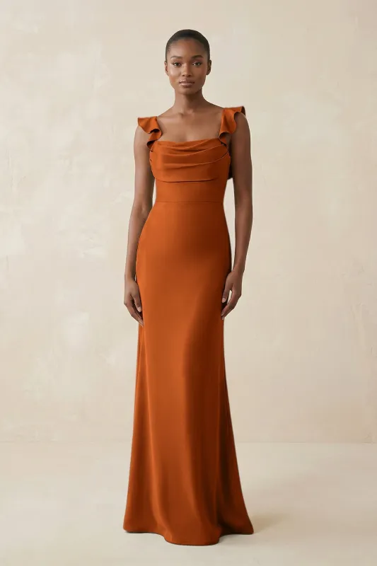 Ruffled Sleeve Sheath Satin Bridesmaid Dress in Cinnamon made by KissProm