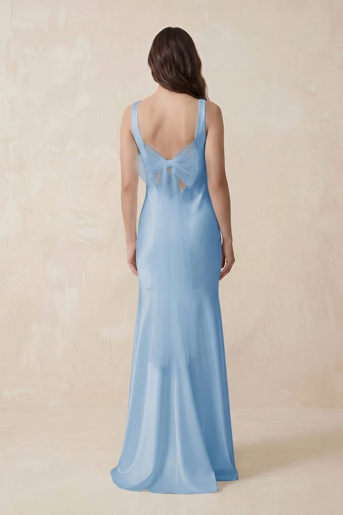 Mermaid Scoop Neck Satin Bridesmaid Dress with Bow in Sky Blue sold by KissProm product image thumbnail 2