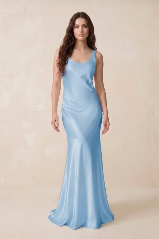 Mermaid Scoop Neck Satin Bridesmaid Dress with Bow in Sky Blue made by KissProm