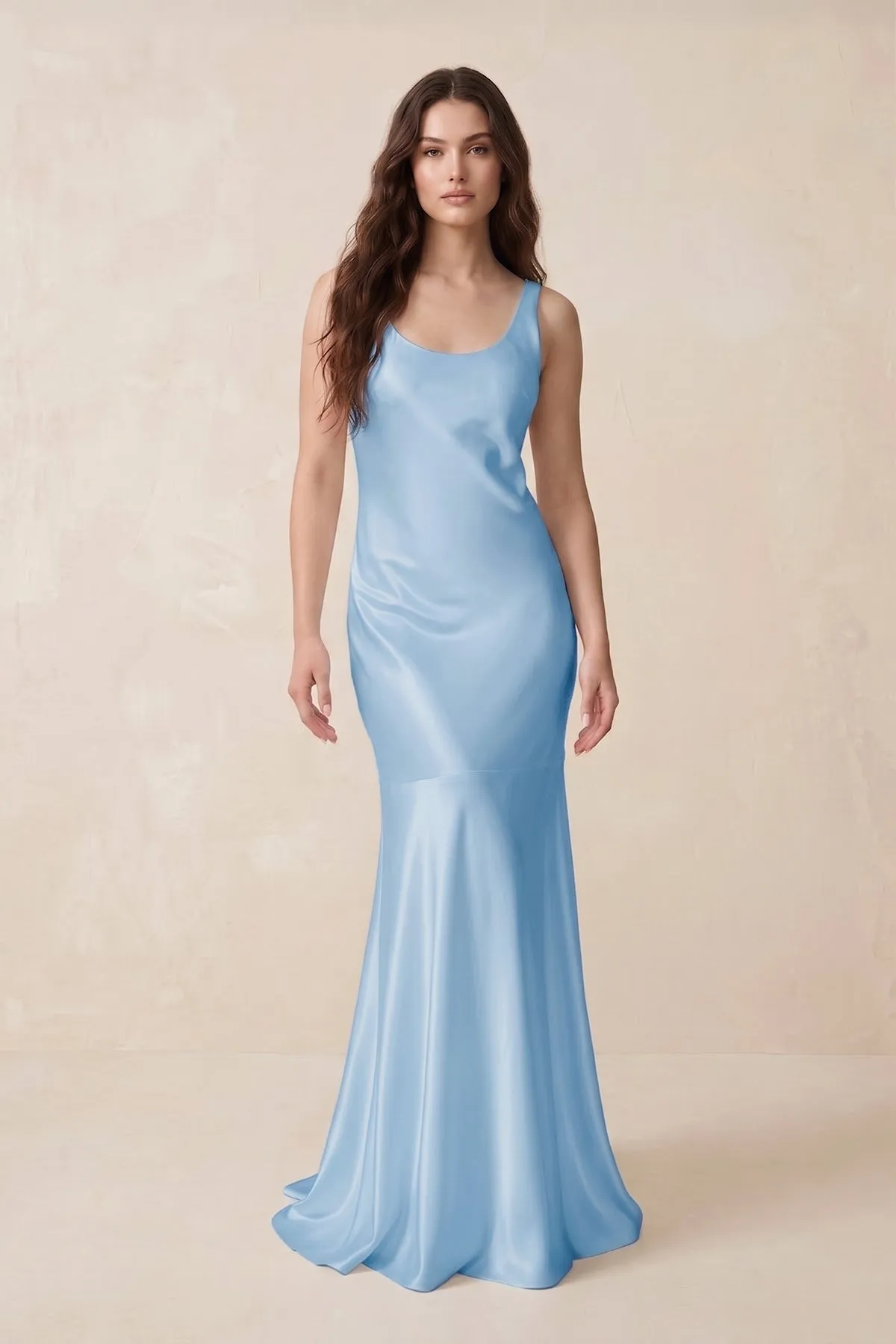 Mermaid Scoop Neck Satin Bridesmaid Dress with Bow in Sky Blue sold by KissProm