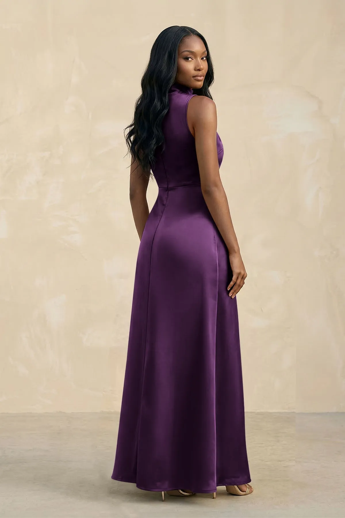 High Neck A-Line Bridesmaid Dress Wiht Slit in Plum sold by KissProm product image thumbnail 2