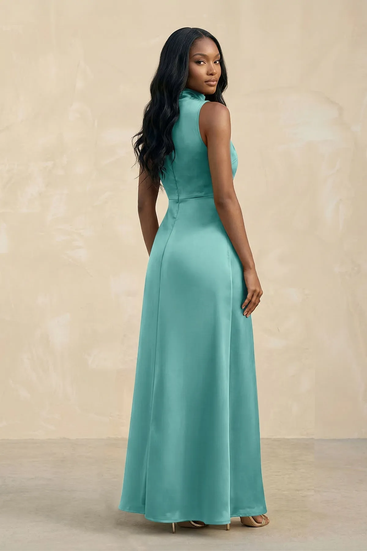High Neck A-Line Bridesmaid Dress Wiht Slit in Pale Pistachio sold by KissProm product image thumbnail 2